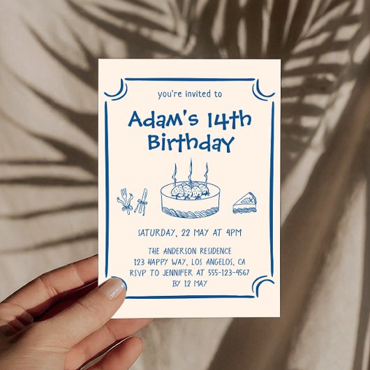 Invitation Hand-Drawn Blue Line Art Kids Birthday Party