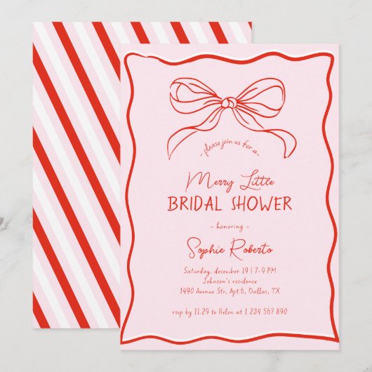 Invitation Hand Drawn Bow Red Pink Merry Little Bridal Shower (Devant / Derrière)