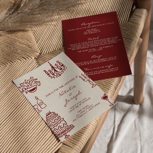 Invitation Hand Drawn Burgundy Romantic All In One Wedding