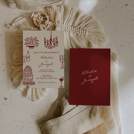 Invitation Hand Drawn Burgundy Romantic Whimsical Wedding