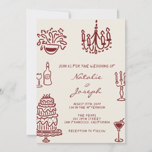 Invitation Hand Drawn Burgundy Whimsical QR Code Wedding (Devant)