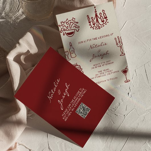 Invitation Hand Drawn Burgundy Whimsical QR Code Wedding