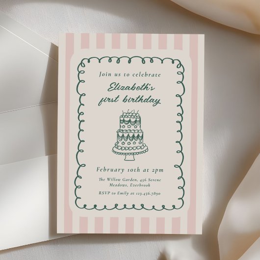 Invitation Hand Drawn Cake Quirky Unique 1st Birthday