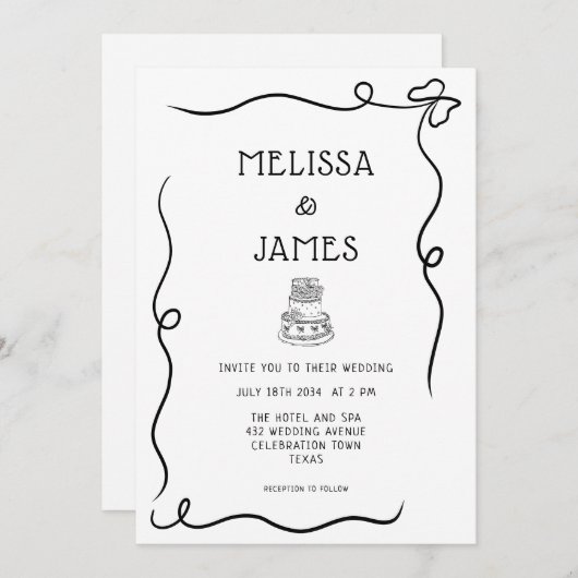 Invitation Hand Drawn Cake Whimsical Wedding (Devant / Derrière)