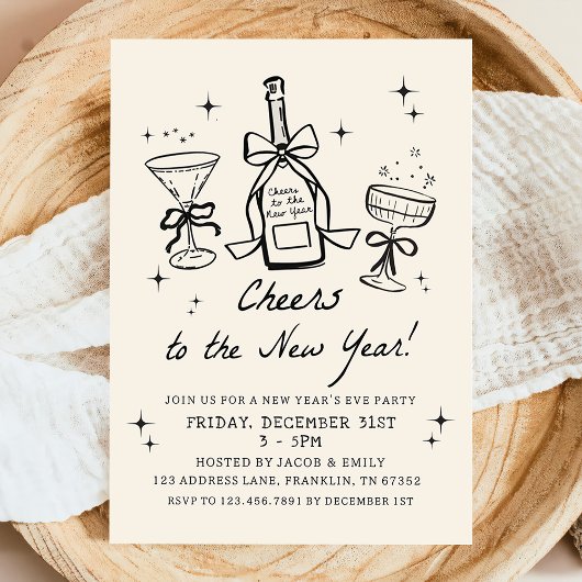 Invitation Hand Drawn Champagne Cheers New Years Eve Party
