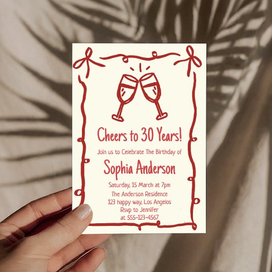 Invitation Hand Drawn “Cheers to 30 Years” Birthday