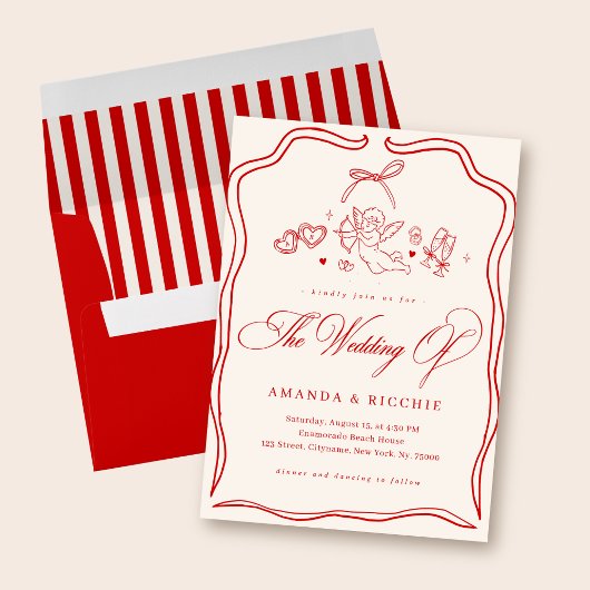 Invitation Hand Drawn Cherub Vintage Cupid Monogram Wedding
