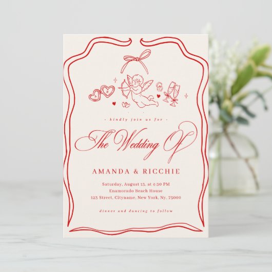 Invitation Hand Drawn Cherub Vintage Cupid Monogram Wedding (Debout devant)