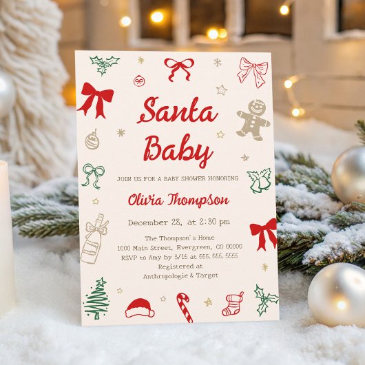 Invitation Hand Drawn Christmas Santa Baby Shower 