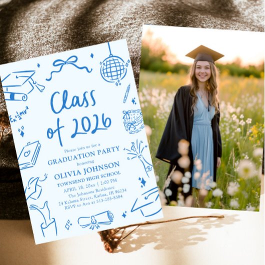 Invitation Hand Drawn Class of 2026 Blue Graduation Party