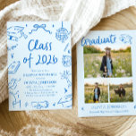Invitation Hand Drawn Class of 2026 Blue Graduation Party<br><div class="desc">Celebrate this incredible milestone in bold, modern style 💙🎓✨ This Hand Drawn Class of 2026 Blue Graduation Party Invitation is playful, confident, and full of personality. Featuring fun doodle icons, trendy handwritten typography, and fresh blue accents, this design blends modern charm with a clean, stylish layout. Graduation caps, books, bows,...</div>