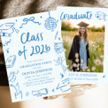 Invitation Hand Drawn Class of 2026 Blue Graduation Party<br><div class="desc">Celebrate this incredible milestone in bold, modern style 💙🎓✨ This Hand Drawn Class of 2026 Blue Graduation Party Invitation is playful, confident, and full of personality. Featuring fun doodle icons, trendy handwritten typography, and fresh blue accents, this design blends modern charm with a clean, stylish layout. Graduation caps, books, bows,...</div>