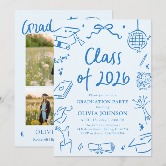Invitation Hand Drawn Class of 2026 Blue Graduation Party (Devant / Derrière)