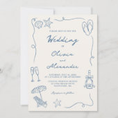 Invitation Hand Drawn Coastal Beach Dusty Blue Ivory Wedding (Devant)