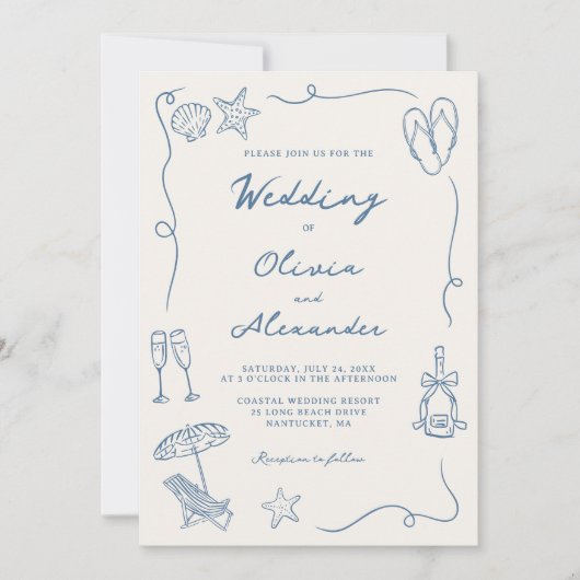 Invitation Hand Drawn Coastal Beach Dusty Blue Ivory Wedding (Devant)