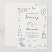 Invitation Hand Drawn Coastal Beach Dusty Blue Ivory Wedding (Devant / Derrière)