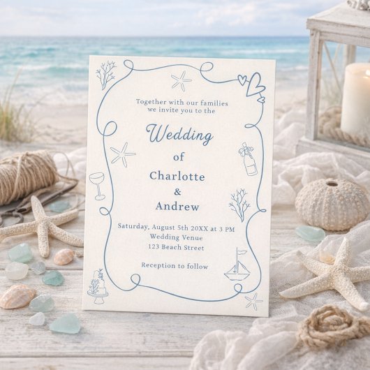 Invitation Hand drawn coastal beach dusty blue ivory wedding