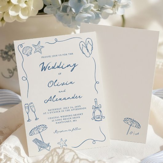 Invitation Hand Drawn Coastal Beach Dusty Blue Ivory Wedding