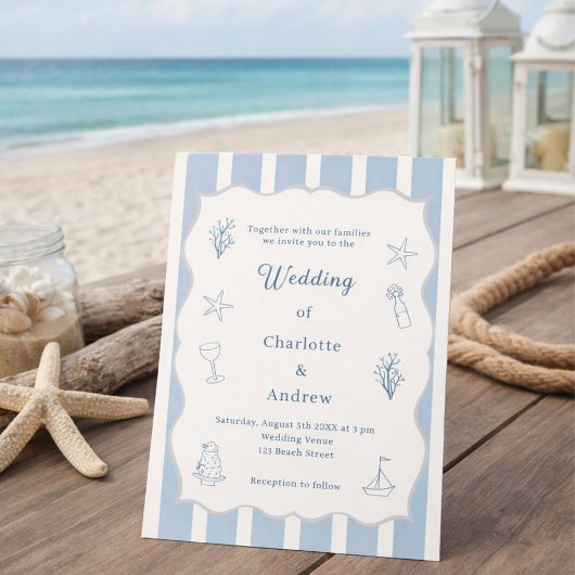 Invitation Hand drawn coastal beach dusty blue ivory wedding