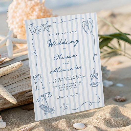Invitation Hand Drawn Coastal Dusty Blue Beach Wedding