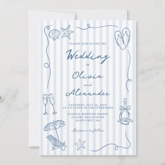 Invitation Hand Drawn Coastal Dusty Blue Beach Wedding (Devant)