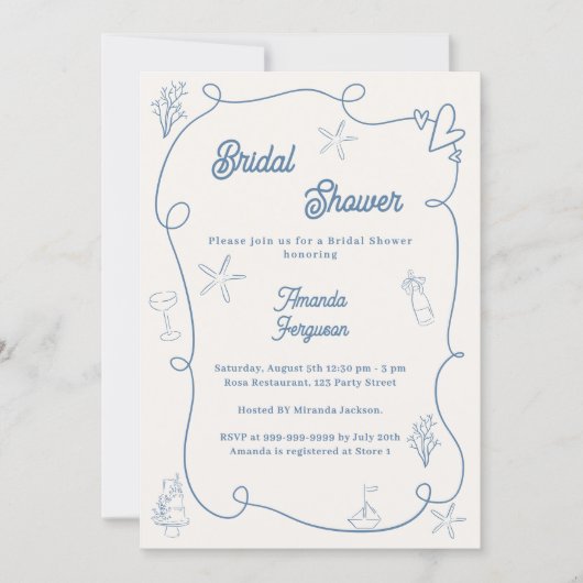 Invitation Hand drawn coastal dusty blue ivory Bridal Shower (Devant)