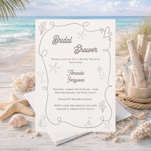 Invitation Hand drawn coastal ivory taupe sand Bridal Shower