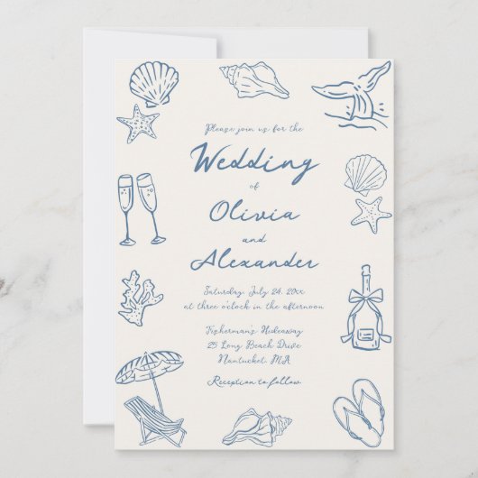 Invitation Hand Drawn Coastal Whimsical Doodle Beach Wedding (Devant)