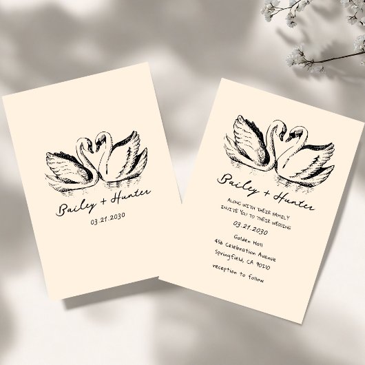 Invitation hand drawn  Couple Swan Whimsical Wedding