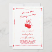 Invitation Hand Drawn Cute Cherry On Top Red 1st Birthday (Devant)
