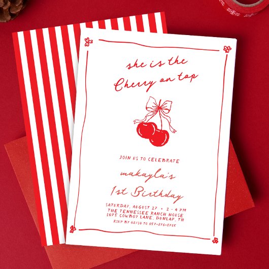 Invitation Hand Drawn Cute Cherry On Top Red 1st Birthday
