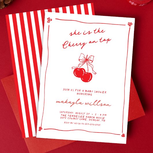 Invitation Hand Drawn Cute Cherry On Top Red Baby Shower