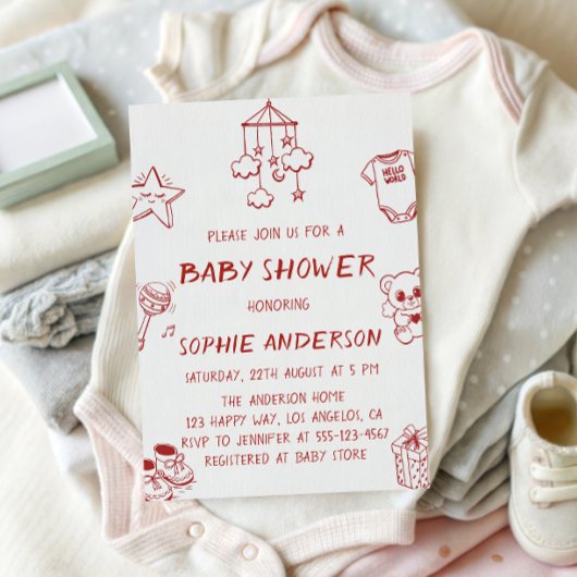 Invitation Hand Drawn Cute Red Doodle Baby Shower