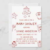 Invitation Hand Drawn Cute Red Doodle Baby Shower (Devant)