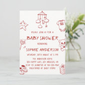 Invitation Hand Drawn Cute Red Doodle Baby Shower (Debout devant)