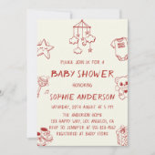 Invitation Hand Drawn Cute Red Doodle Baby Shower (Devant)