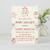 Invitation Hand Drawn Cute Red Doodle Baby Shower (Debout devant)