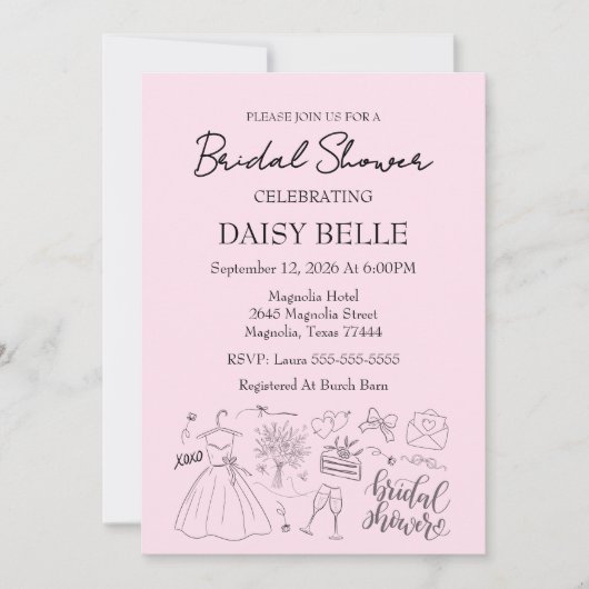 Invitation Hand Drawn Doodle Bridal Shower Pink (Devant)