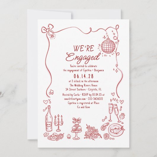 Invitation Hand Drawn Doodle Funky Whimsical Engagement Party (Devant)