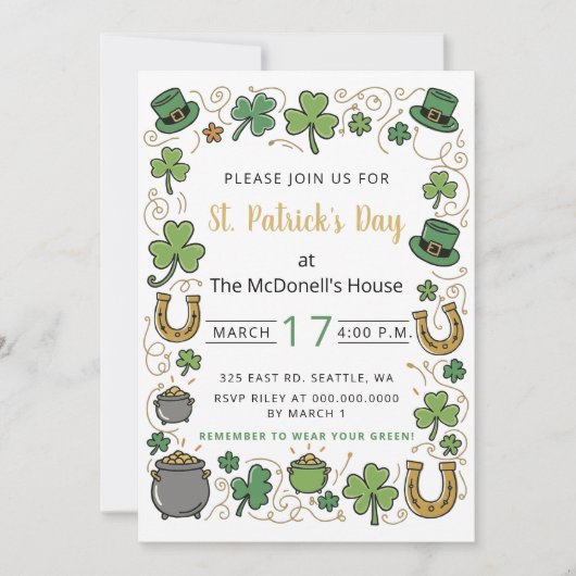 Invitation Hand Drawn Doodle Whimsical St Patricks Day  (Devant)