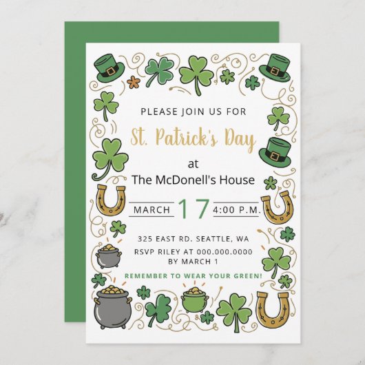 Invitation Hand Drawn Doodle Whimsical St Patricks Day (Devant / Derrière)