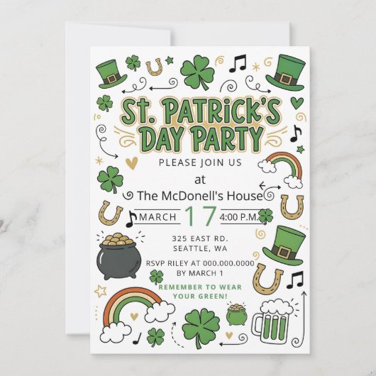 Invitation Hand Drawn Doodle Whimsical St Patricks Day (Devant)
