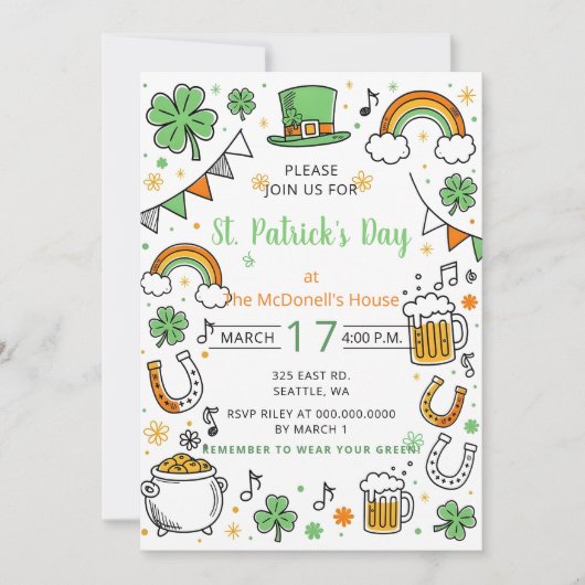Invitation Hand Drawn Doodle Whimsical St Patricks Day  (Devant)