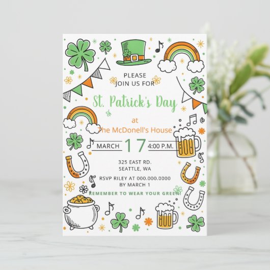 Invitation Hand Drawn Doodle Whimsical St Patricks Day  (Debout devant)