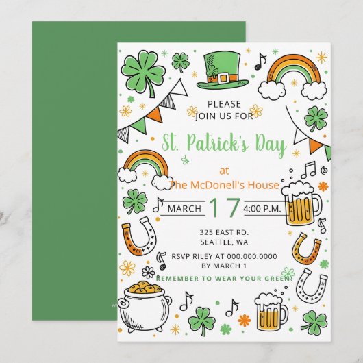 Invitation Hand Drawn Doodle Whimsical St Patricks Day  (Devant / Derrière)