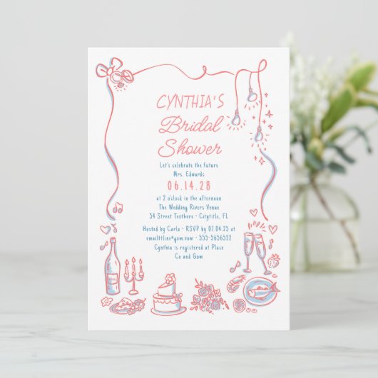 Invitation Hand Drawn Doodles Funky Whimsical Bridal Shower (Debout devant)