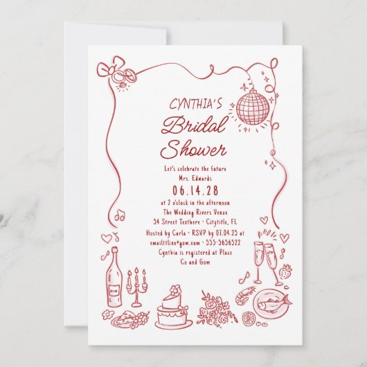 Invitation Hand Drawn Doodles Funky Whimsical Bridal Shower (Devant)