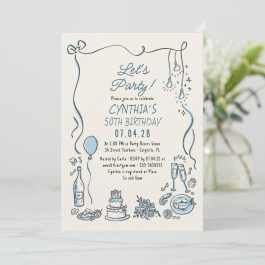 Invitation Hand Drawn Doodles Whimsical Quirky Adult Birthday (Debout devant)