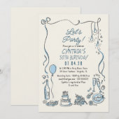 Invitation Hand Drawn Doodles Whimsical Quirky Adult Birthday (Devant / Derrière)