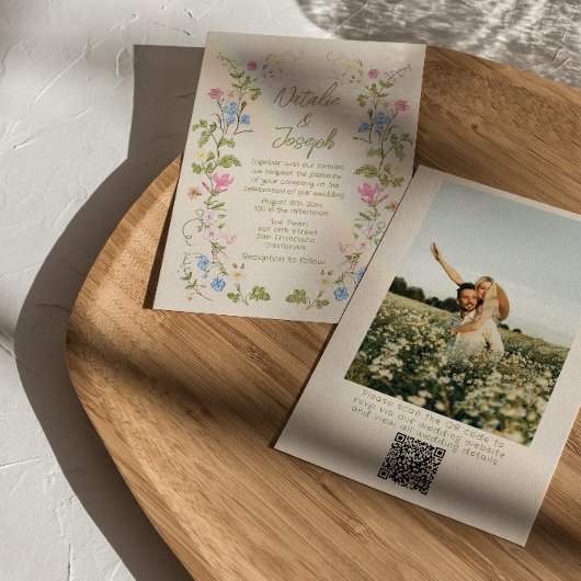 Invitation Hand Drawn Floral Summer Photo QR Code Wedding